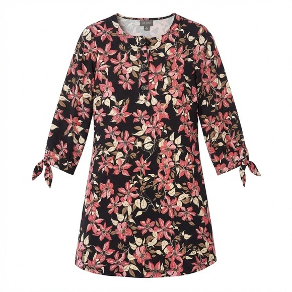 J. Jill Dresses & Skirts - J. Jill Wearever Dress XSP Petite Black Coral Floral Knit Tie Sleeve Tunic Mini